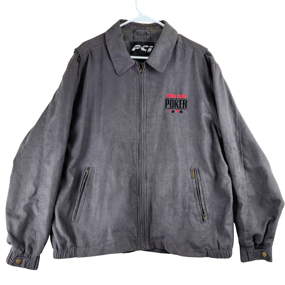 VTG Kenpo‎ World Series of Poker Full Zip Jacket Mens Large Gray Faux Suede